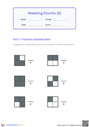 Printable Grade 3 Modeling Fourths Math Worksheet