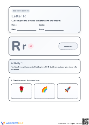 Printable Letter R Beginning Sound Worksheet | Grade K-1