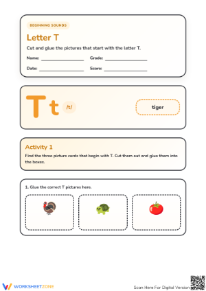 Grade K-1 Letter T Phonics — Printable No-Prep Worksheet
