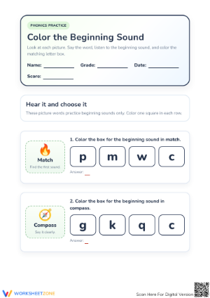 Printable Beginning Sounds Worksheet | Grade K-1 Phonics
