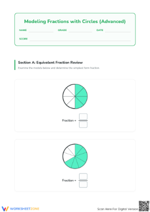 Printable Advanced Modeling Fractions with Circles Worksheet