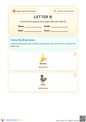 Free Printable Letter B Beginning Sounds Worksheet