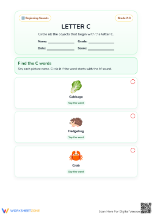 Printable Letter C Recognition Worksheet | Grade 2 Phonics