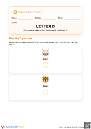Printable Letter D Beginning Sound Worksheet | Grade 1-2