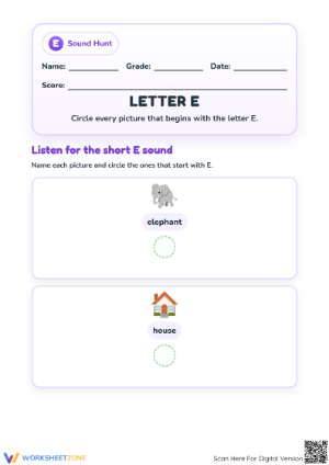 Printable Letter E Beginning Sounds Worksheet for Preschool