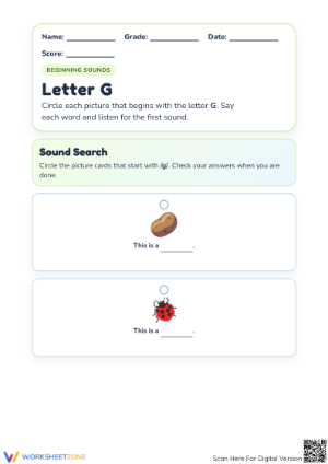 Printable Letter G Beginning Sounds Worksheet | Grade K-1