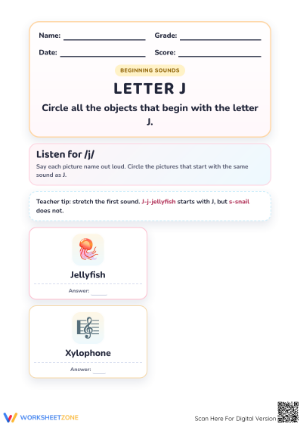 Printable Letter J Beginning Sounds Worksheet | Grade K