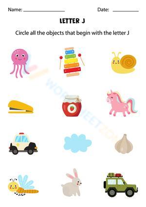 Letter J Worksheet - Objects Starting with J