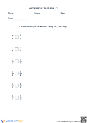 Essential Grade 4 Math: Comparing Simple Fractions Worksheet