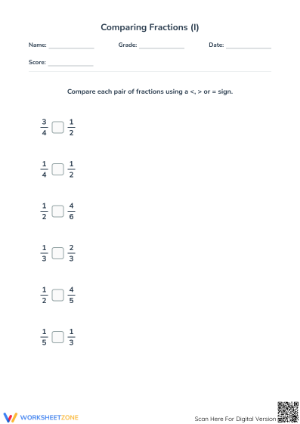 Printable Comparing Simple Fractions Worksheet | Grades 3-5