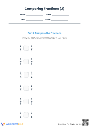Printable Comparing Simple Fractions Worksheet | Grades 3-4