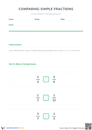 Printable Grade 4 Math: Comparing Simple Fractions