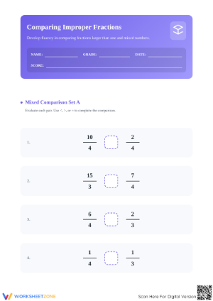 Printable Comparing Simple and Improper Fractions Worksheet