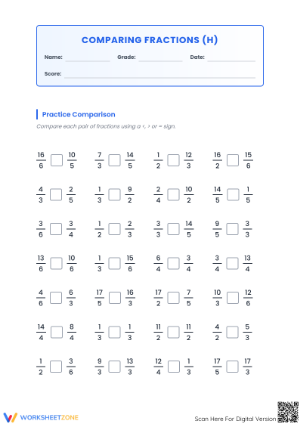 Grade 4 Comparing Improper Fractions | Essential Worksheet