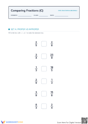 Printable Comparing Simple and Improper Fractions Worksheet