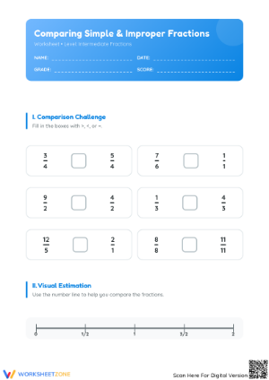 Printable Comparing Simple and Improper Fractions Worksheet