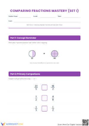 Printable Comparing Improper Fractions Worksheet | Grade 4-8