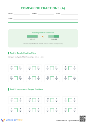 Printable Comparing Simple and Improper Fractions Worksheet