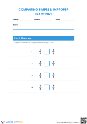 Printable Comparing Simple and Improper Fractions Worksheet