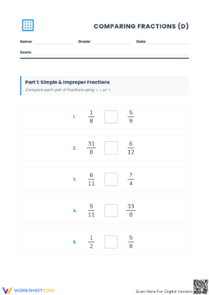 Printable Comparing Simple and Improper Fractions Worksheet