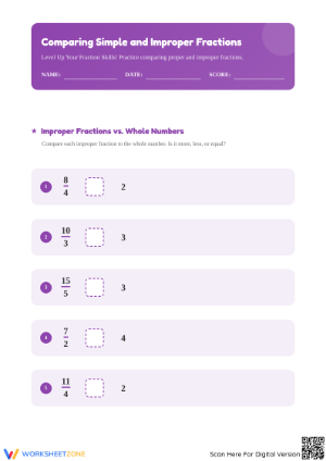 Comparing Simple and Improper Fractions Printable Worksheet
