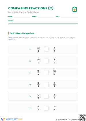 Printable Comparing Improper Fractions Worksheet | Grade 4