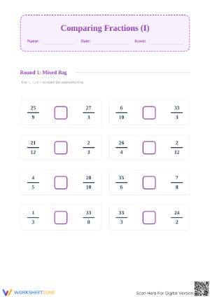 Printable Comparing Simple and Improper Fractions Worksheet