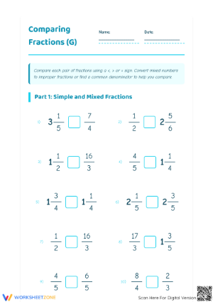 Printable Comparing Simple and Mixed Fractions Worksheet