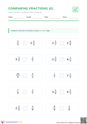 Printable Comparing Fractions Challenge: Improper & Mixed
