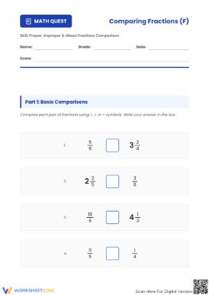 Comparing Fractions Printable Worksheet | Grade 4-6 Math