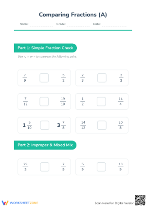 Printable Comparing Fractions Worksheet | Grade 4-6