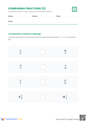 Printable Comparing Proper & Mixed Fractions Grade 4-5