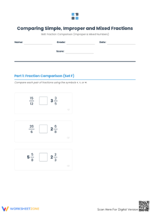 Printable Comparing Simple, Improper and Mixed Fractions