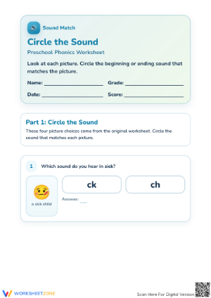 Printable Preschool Phonics Worksheet: Circle the Sound