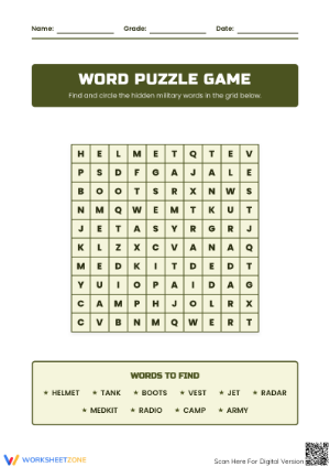 Military Word Search Worksheet | Grade 2 Essential