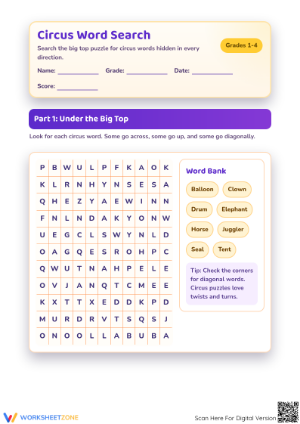 Printable Circus Word Search & Puzzle — Grades 1-4