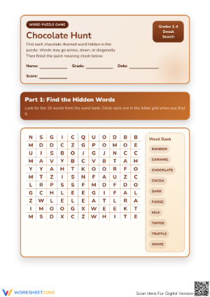 Printable Chocolate Hunt Word Search - Grade 1-4 ELA