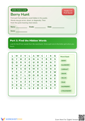 Printable Fruit Word Search & Vocabulary | Grade 1-4 Ready