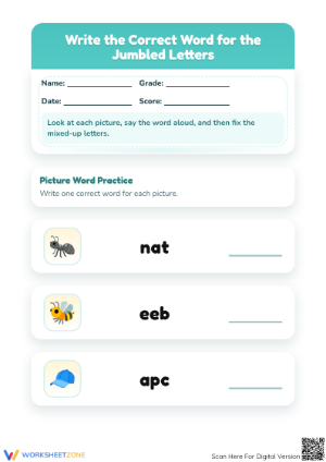 Printable Jumbled Words Worksheet | Preschool ELA