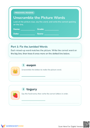 Printable Preschool Jumbled Words Spelling Worksheet