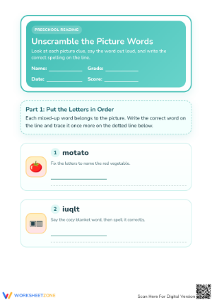 Preschool Jumbled Words Worksheet | Printable ELA Activity