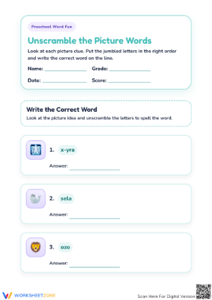Printable Unscramble the Picture Words Worksheet | Preschool