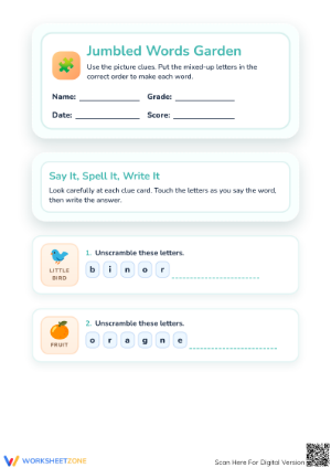 Printable Jumbled Words Worksheet | Preschool ELA