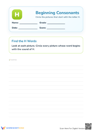Letter H Beginning Consonants — Printable No-Prep Worksheet