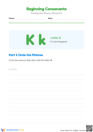 Beginning Consonants Letter K Worksheet | Essential Phonics