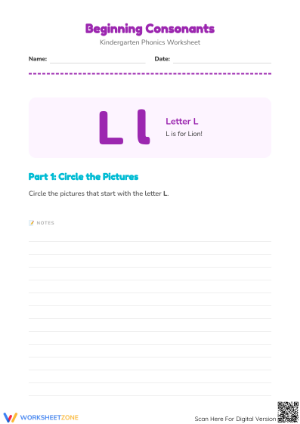 Printable Letter L Phonics Worksheet | Grade K ELA