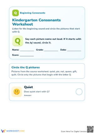 Printable Beginning Consonants Letter Q Worksheet | Grade K