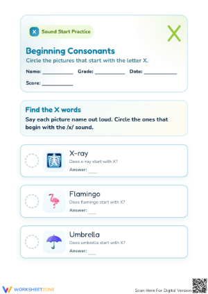 Beginning Consonants Letter X Worksheet | Printable