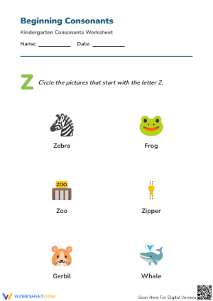 Printable Letter Z Beginning Consonants Worksheet