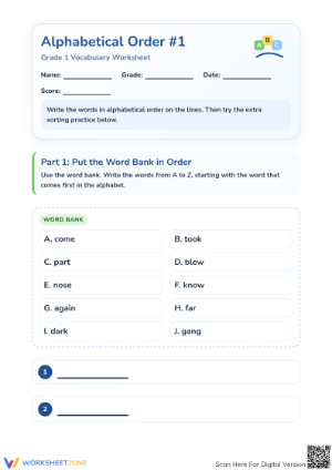Grade 1 Alphabetical Order — Printable No-Prep Worksheet
